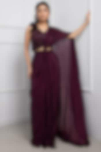 Purple Crepe & Chinon Draped Saree Set by Smriti by Anju Agarwal at Pernia's Pop Up Shop