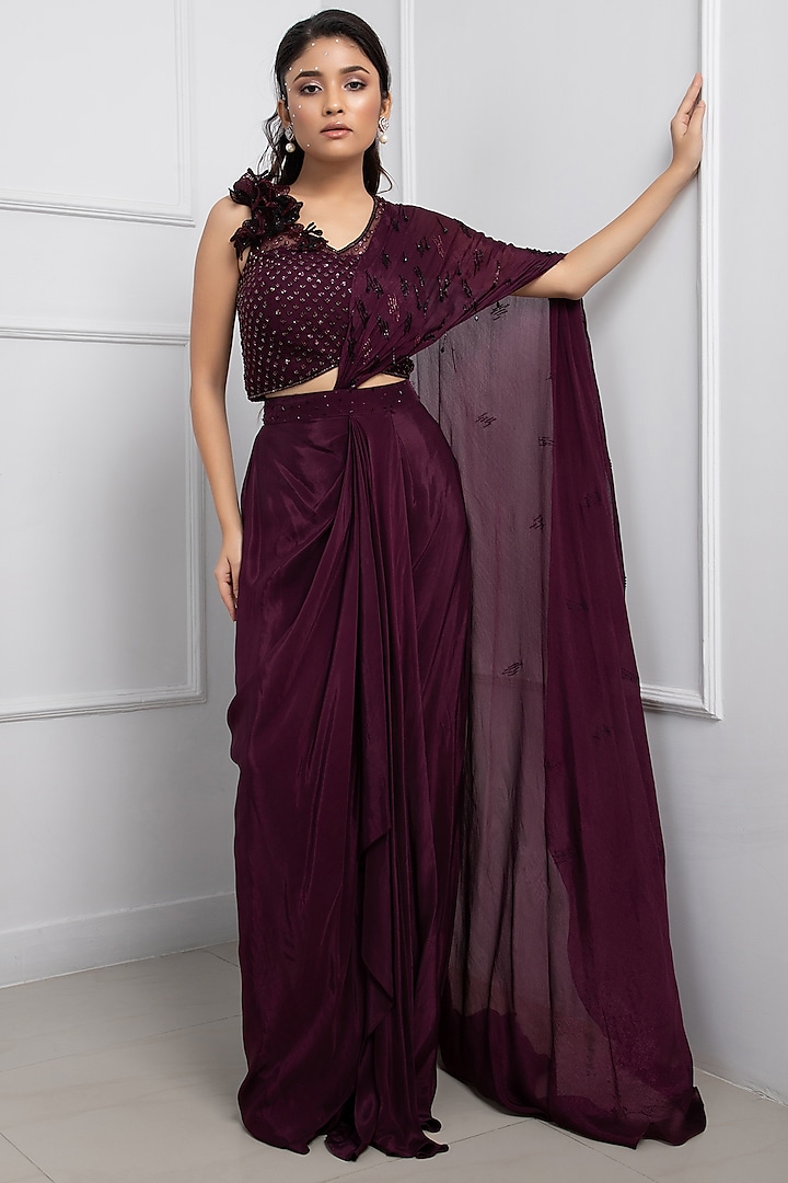 Purple Crepe & Chinon Draped Saree Set by Smriti by Anju Agarwal at Pernia's Pop Up Shop