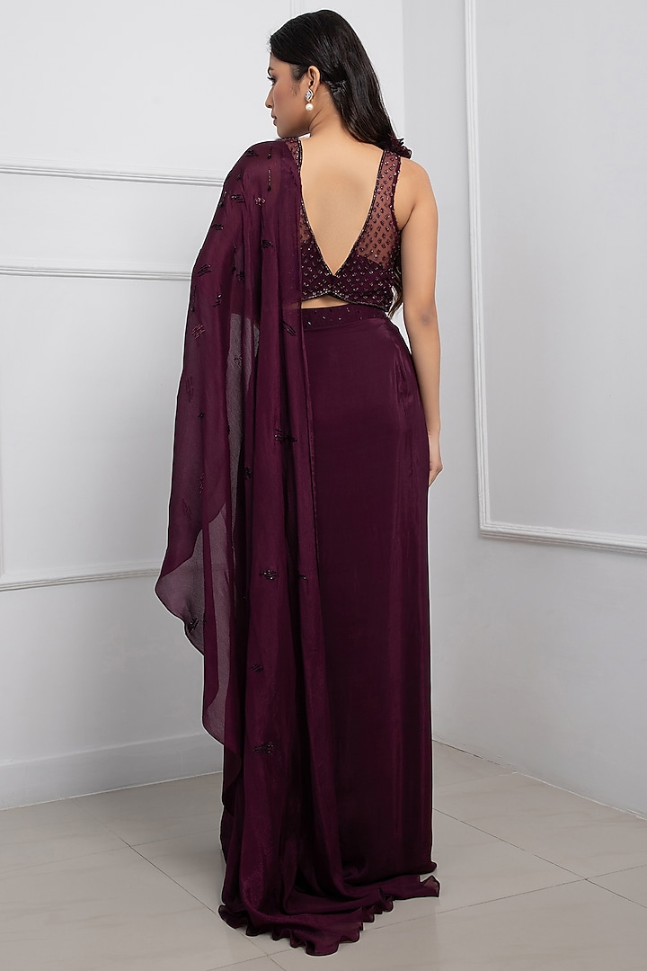 Purple Crepe & Chinon Draped Party Wear Saree Set by Smriti by Anju Agarwal at Pernia's Pop Up Shop