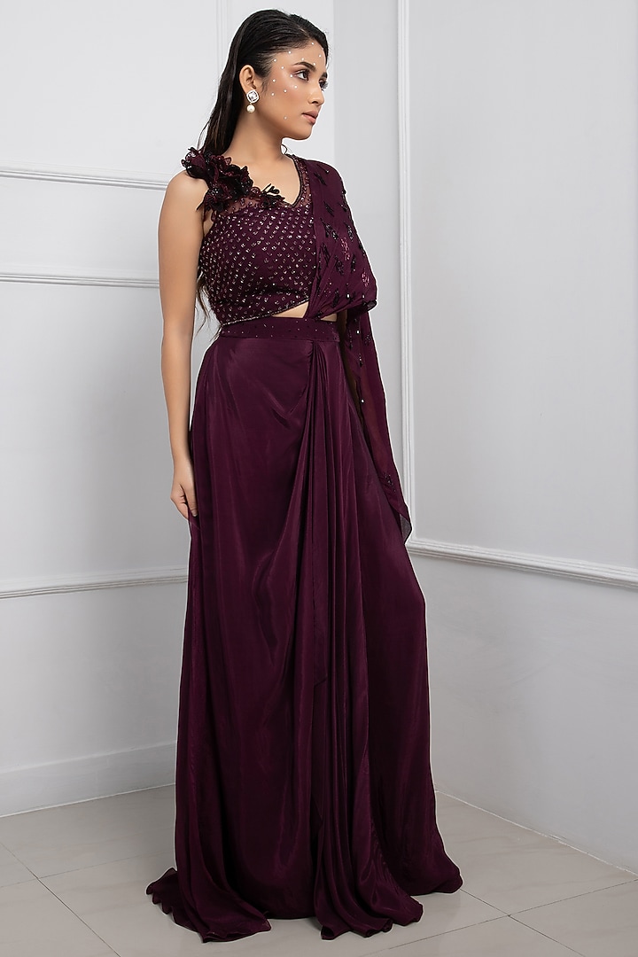 Purple Crepe & Chinon Draped Party Wear Saree Set by Smriti by Anju Agarwal at Pernia's Pop Up Shop
