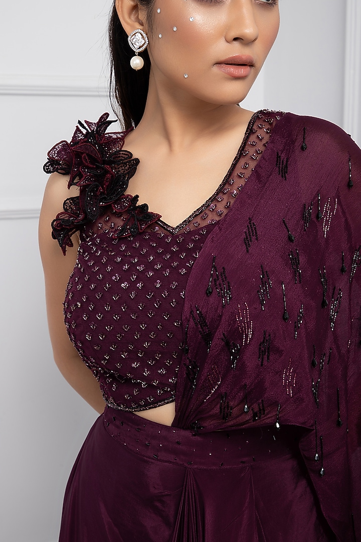 Purple Crepe & Chinon Draped Party Wear Saree Set by Smriti by Anju Agarwal at Pernia's Pop Up Shop