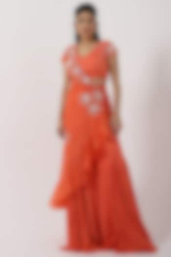 Orange Taffeta Hand & Machine Embroidered One-Shoulder Cape Set by Smriti by Anju Agarwal at Pernia's Pop Up Shop