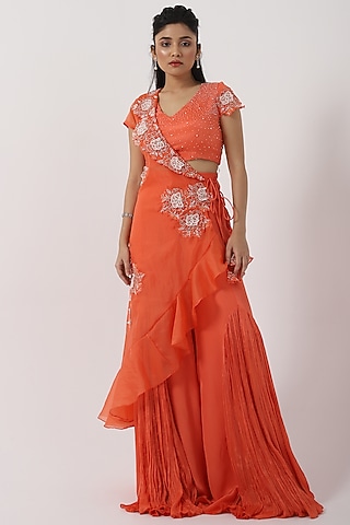 Orange Taffeta Hand & Machine Embroidered One-Shoulder Cape Set by Smriti by Anju Agarwal