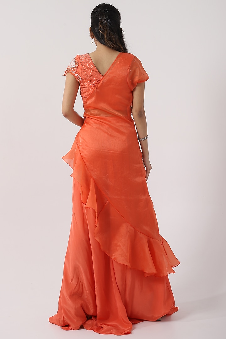 Orange Taffeta Hand & Machine Embroidered One-Shoulder Cape Set by Smriti by Anju Agarwal at Pernia's Pop Up Shop
