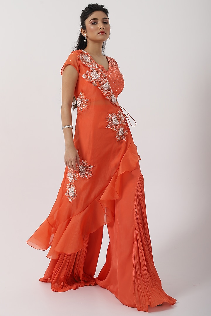 Orange Taffeta Hand & Machine Embroidered One-Shoulder Cape Set by Smriti by Anju Agarwal at Pernia's Pop Up Shop