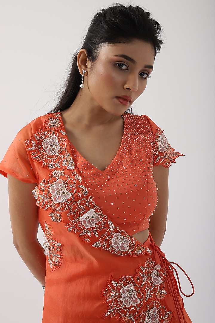 Orange Taffeta Hand & Machine Embroidered One-Shoulder Cape Set by Smriti by Anju Agarwal at Pernia's Pop Up Shop