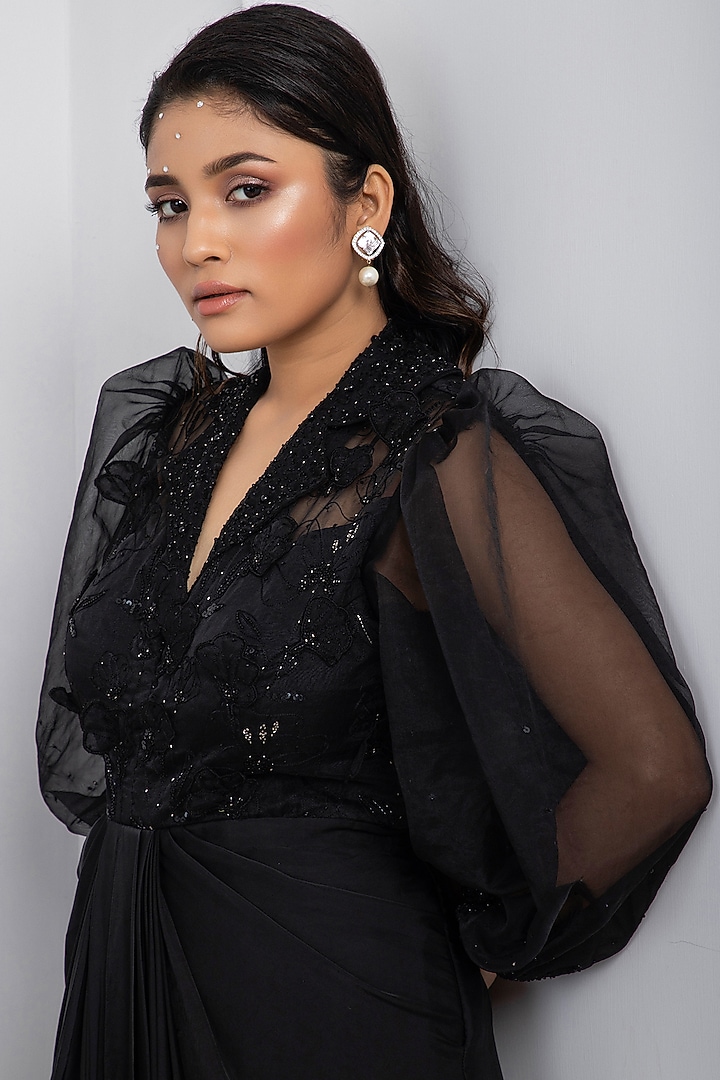Black Modal Satin Hand & Machine Embroidered Maxi Vacation Dress by Smriti by Anju Agarwal at Pernia's Pop Up Shop