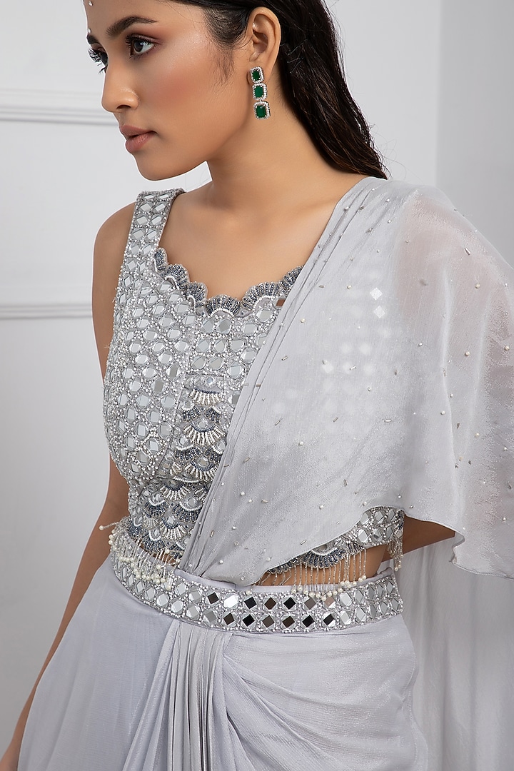 Grey Chinon & Taffeta Draped Wedding Saree Set by Smriti by Anju Agarwal at Pernia's Pop Up Shop