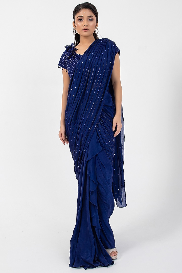 Blue Crepe & Georgette Draped Saree Set by Smriti by Anju Agarwal at Pernia's Pop Up Shop