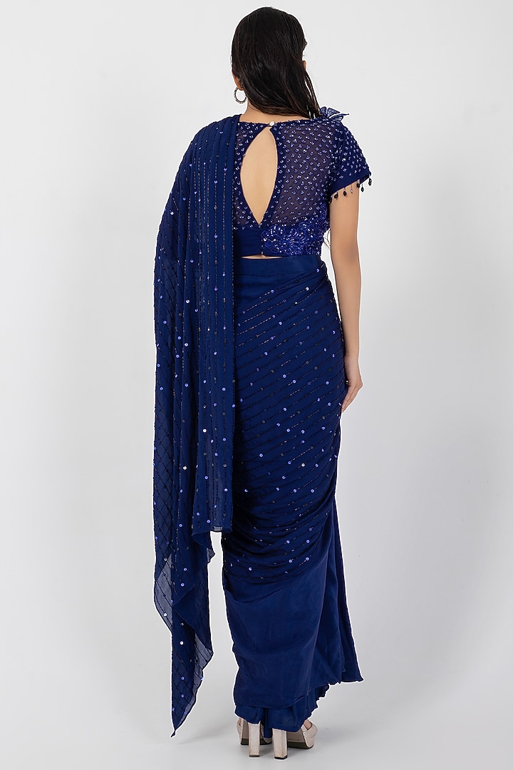 Blue Crepe & Georgette Draped Wedding Saree Set by Smriti by Anju Agarwal at Pernia's Pop Up Shop