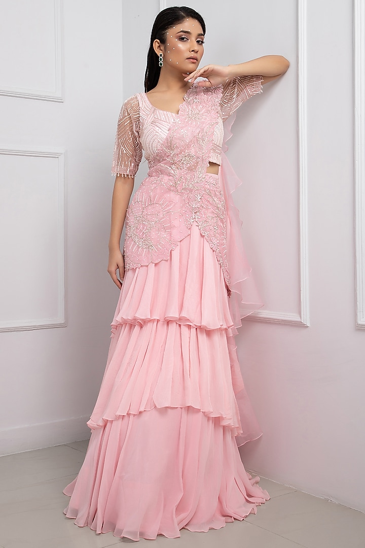 Crystal Pink Organza & Taffeta Draped Wedding Lehenga Set by Smriti by Anju Agarwal at Pernia's Pop Up Shop