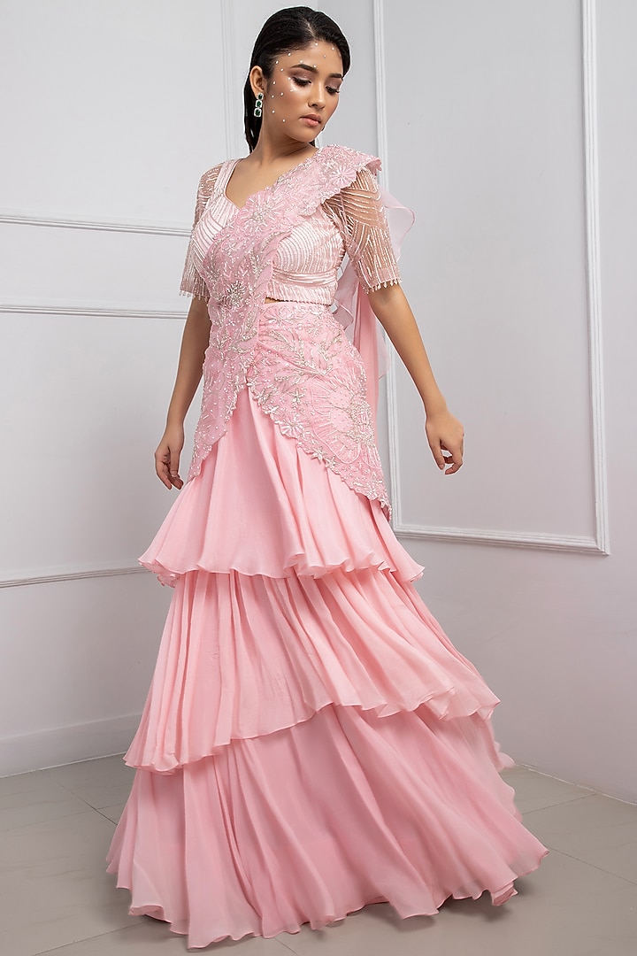 Crystal Pink Organza & Taffeta Draped Wedding Lehenga Set by Smriti by Anju Agarwal at Pernia's Pop Up Shop