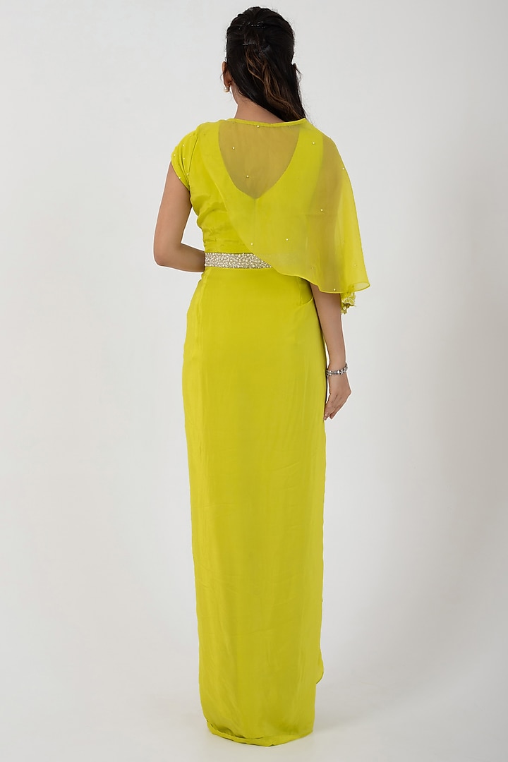 Green Satin & Crepe Draped Skirt Set by Smriti by Anju Agarwal at Pernia's Pop Up Shop