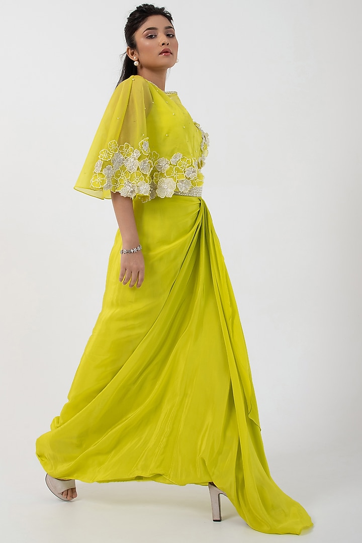 Green Satin & Crepe Draped Skirt Set by Smriti by Anju Agarwal at Pernia's Pop Up Shop