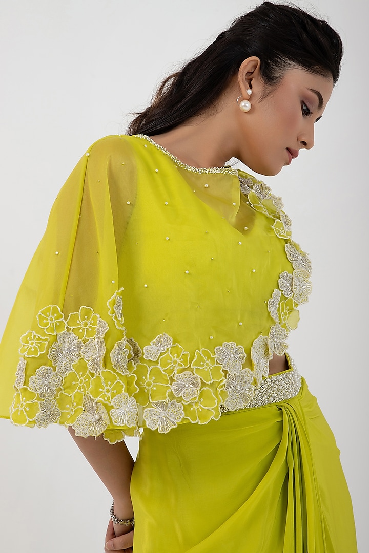 Green Satin & Crepe Draped Skirt Set by Smriti by Anju Agarwal at Pernia's Pop Up Shop