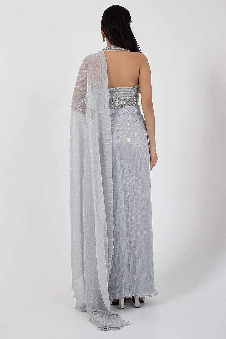Grey Shimmer Chinon & Organza Draped Wedding Saree Set by Smriti by Anju Agarwal at Pernia's Pop Up Shop