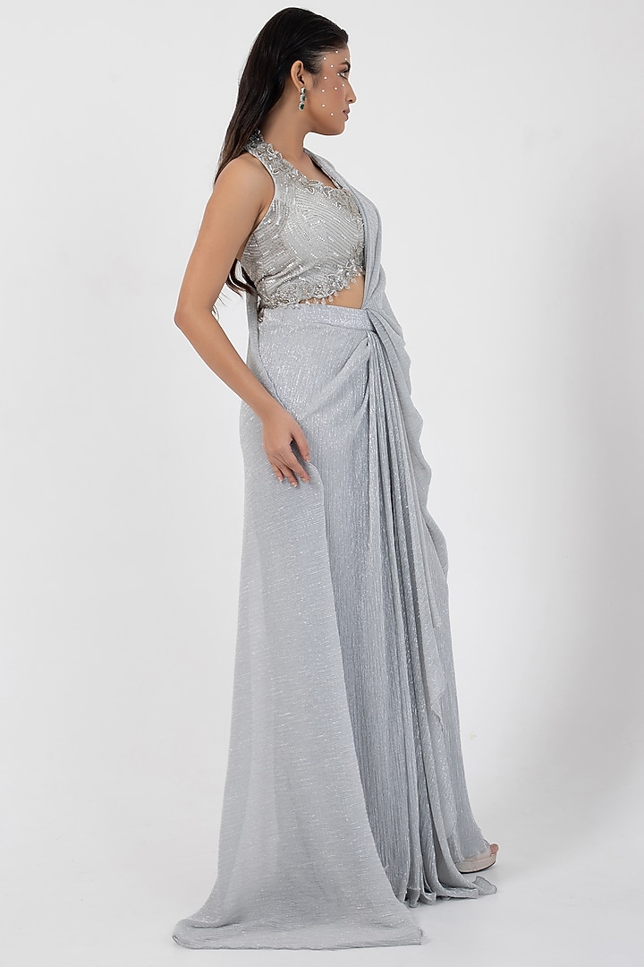 Grey Shimmer Chinon & Organza Draped Wedding Saree Set by Smriti by Anju Agarwal at Pernia's Pop Up Shop