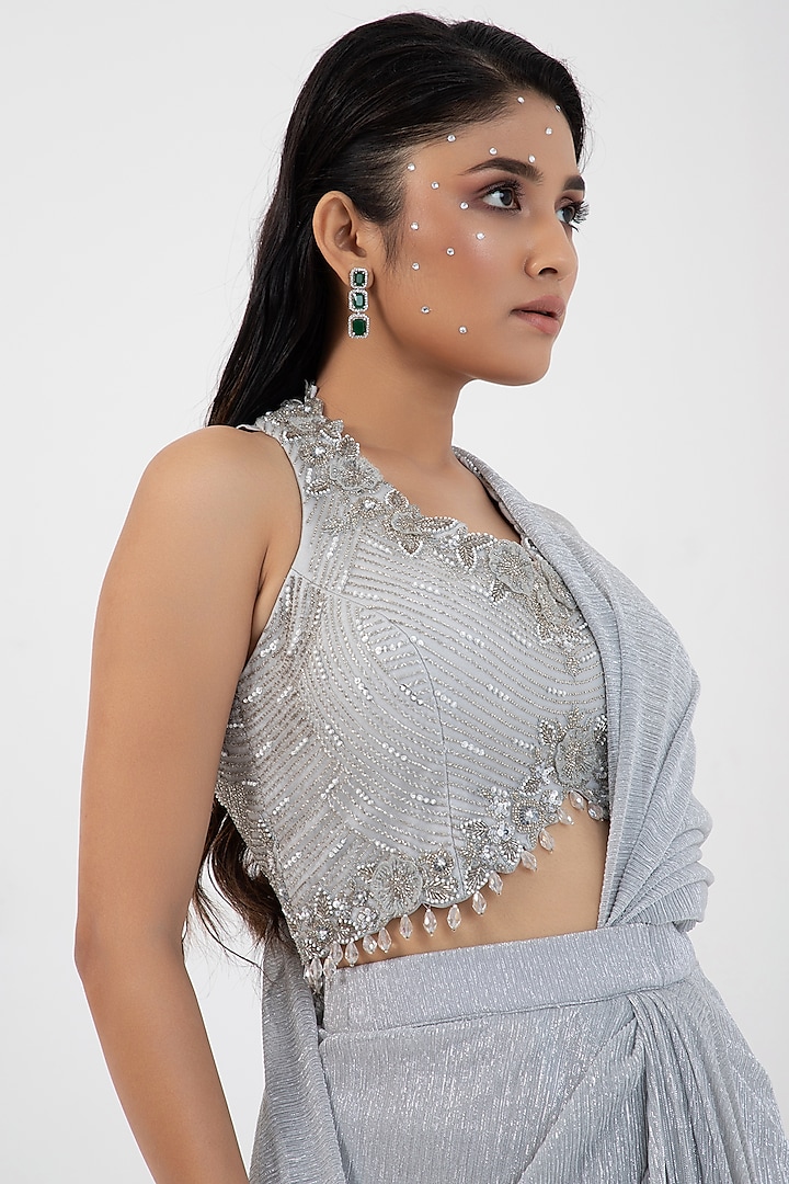 Grey Shimmer Chinon & Organza Draped Wedding Saree Set by Smriti by Anju Agarwal at Pernia's Pop Up Shop