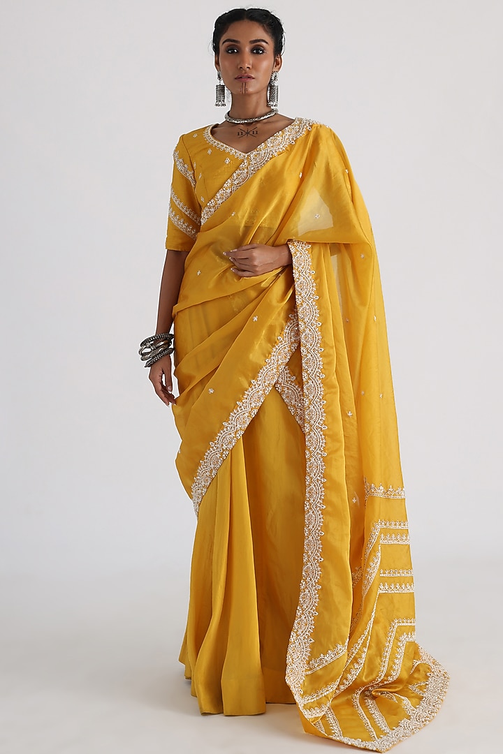 Yellow Tissue Taffeta Embroidered Wedding Lehenga Set by Smriti by Anju Agarwal at Pernia's Pop Up Shop