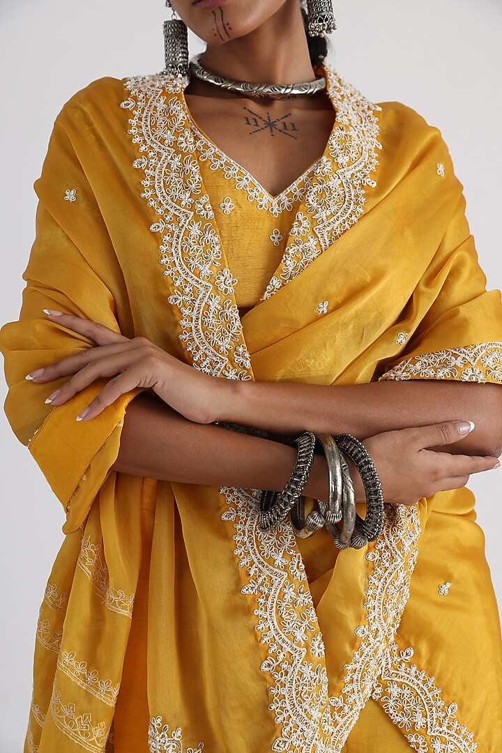 Yellow Tissue Taffeta Embroidered Wedding Lehenga Set by Smriti by Anju Agarwal at Pernia's Pop Up Shop