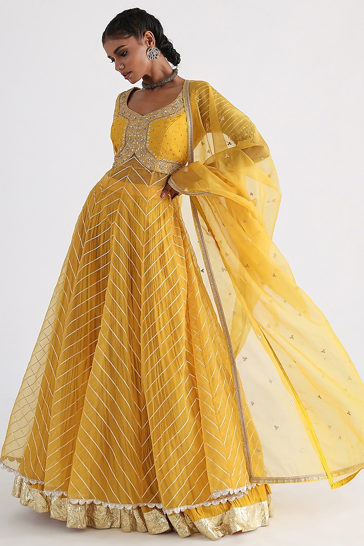 Yellow Bam Silk & Mulmul Skirt Set by Smriti by Anju Agarwal at Pernia's Pop Up Shop