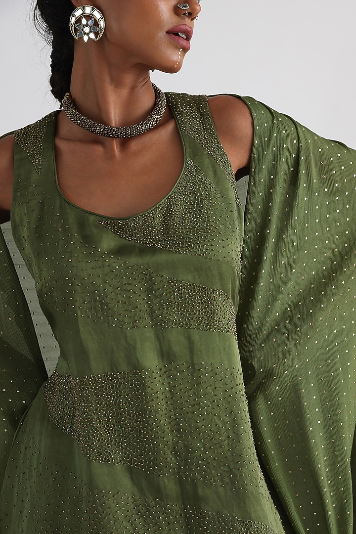 Olive Green Satin & Mulmul Embroidered Kurta Set by Smriti by Anju Agarwal at Pernia's Pop Up Shop