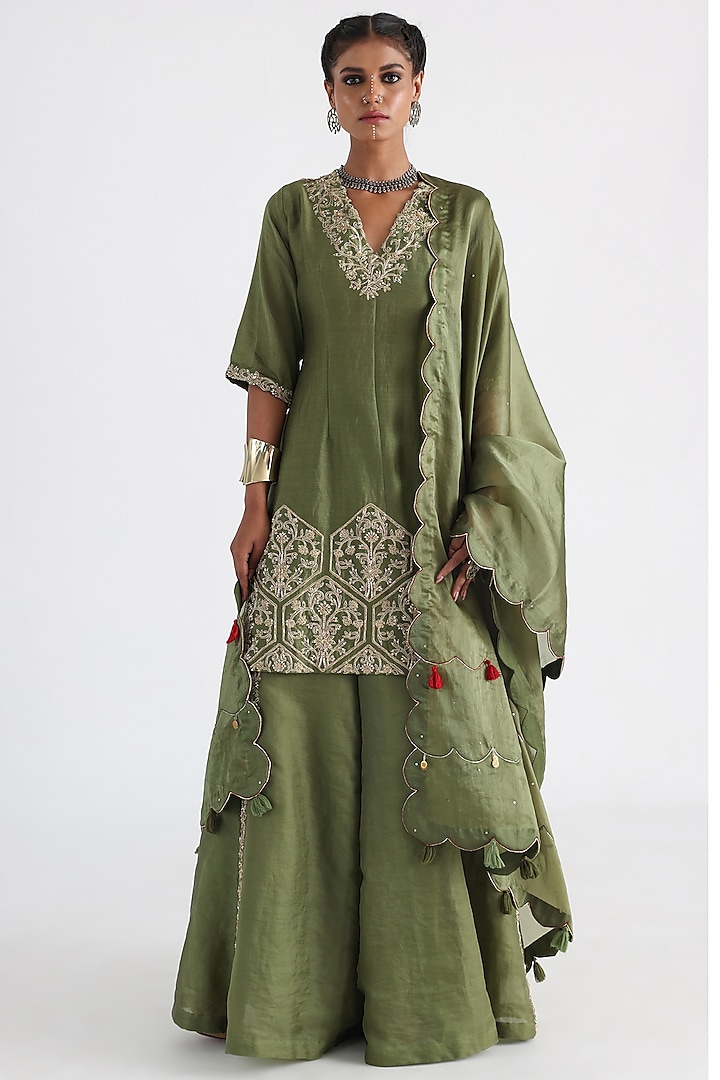 Olive Green Satin Organza & Taffeta Flared Wedding Sharara Set by Smriti by Anju Agarwal at Pernia's Pop Up Shop