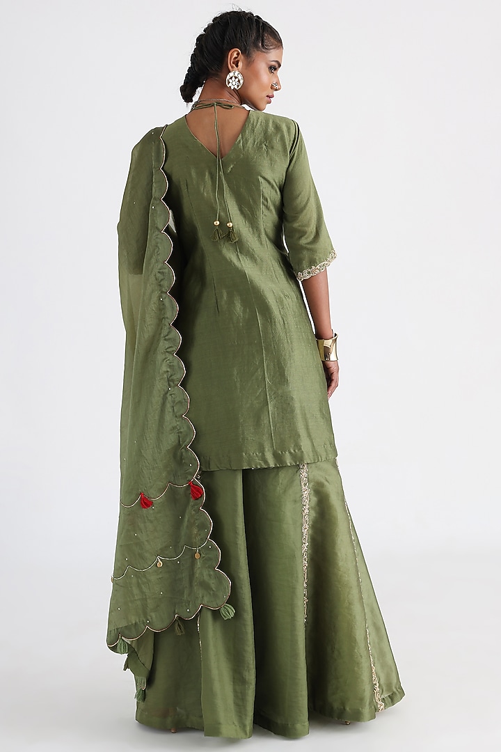 Olive Green Satin Organza & Taffeta Flared Wedding Sharara Set by Smriti by Anju Agarwal at Pernia's Pop Up Shop