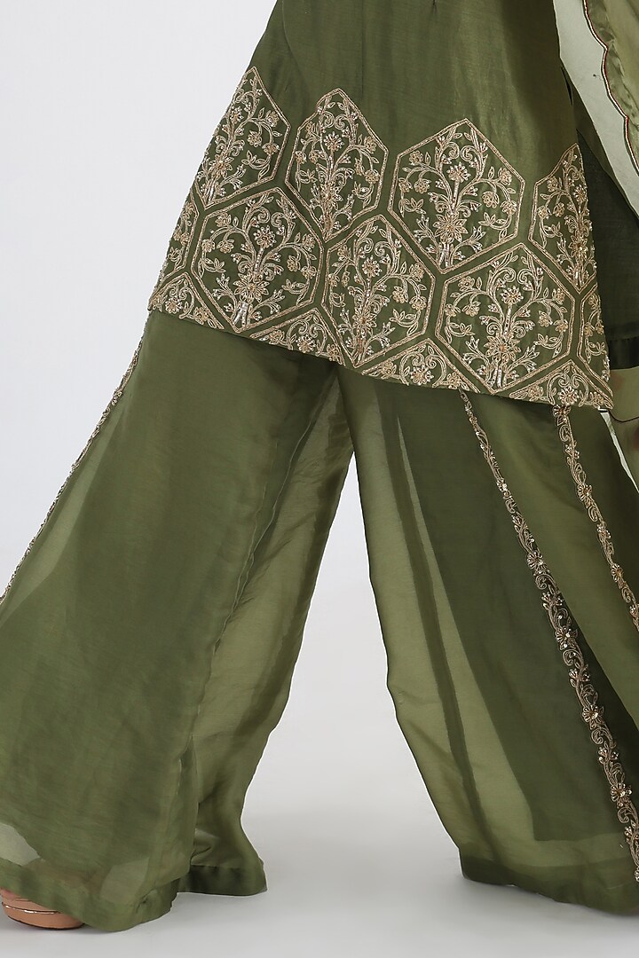Olive Green Satin Organza & Taffeta Flared Wedding Sharara Set by Smriti by Anju Agarwal at Pernia's Pop Up Shop