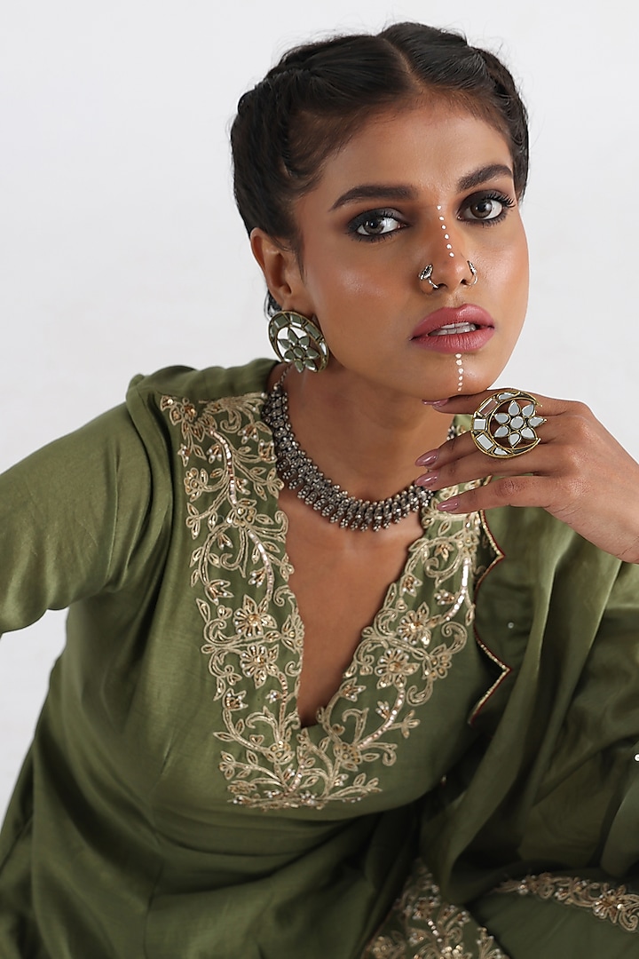 Olive Green Satin Organza & Taffeta Flared Wedding Sharara Set by Smriti by Anju Agarwal at Pernia's Pop Up Shop