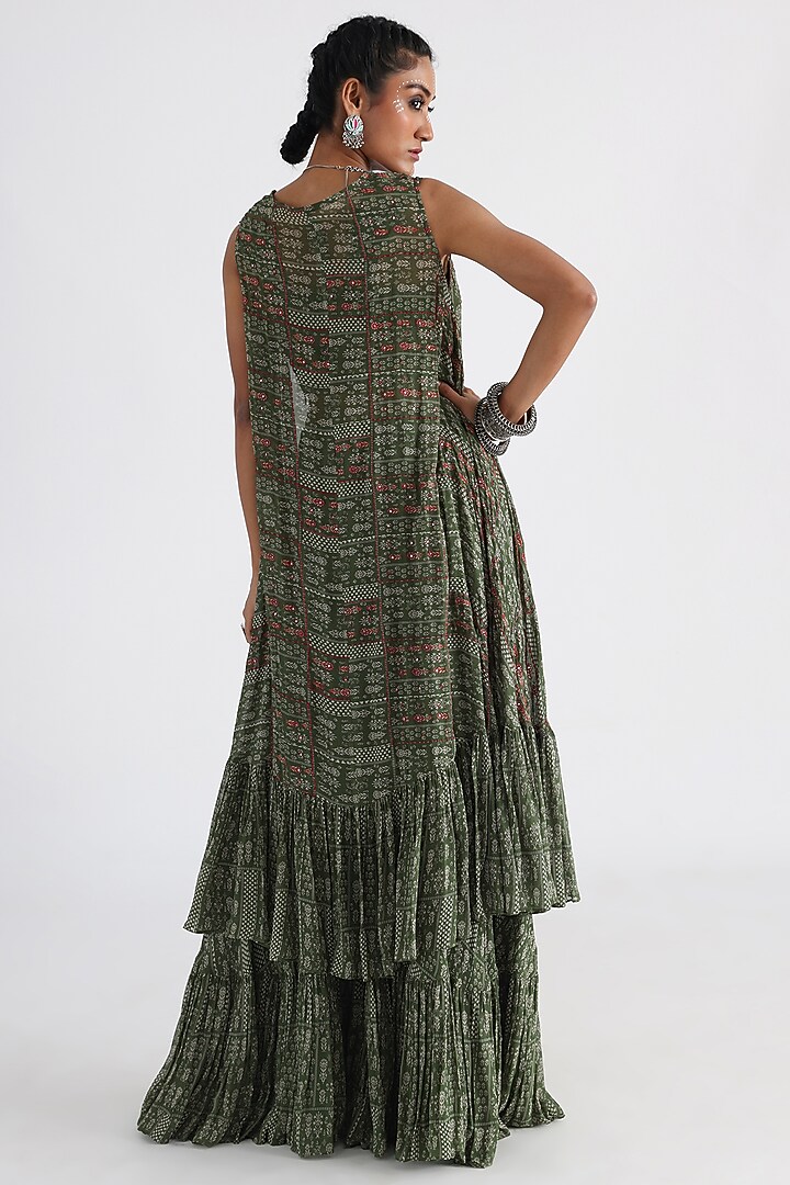 Olive Green Viscose & Taffeta Printed Cape Set by Smriti by Anju Agarwal at Pernia's Pop Up Shop