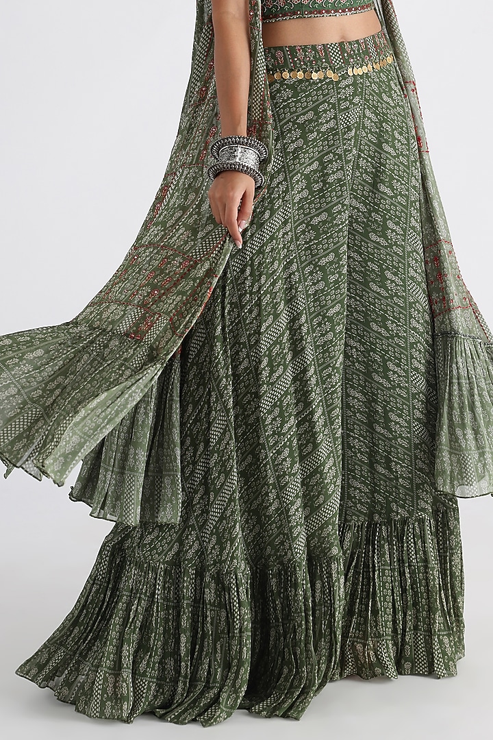 Olive Green Viscose & Taffeta Printed Cape Set by Smriti by Anju Agarwal at Pernia's Pop Up Shop