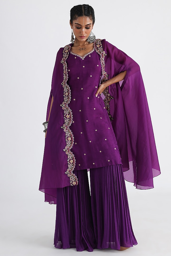 Purple Satin Organza Embroidered Cape Set by Smriti by Anju Agarwal at Pernia's Pop Up Shop
