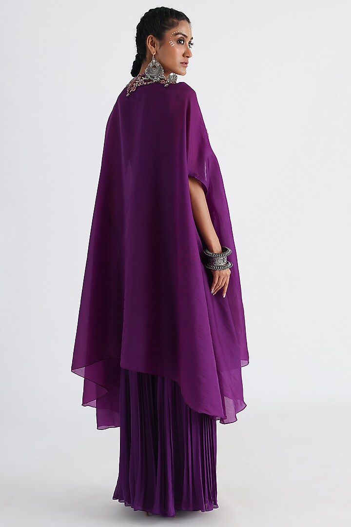 Purple Satin Organza Embroidered Cape Set by Smriti by Anju Agarwal at Pernia's Pop Up Shop