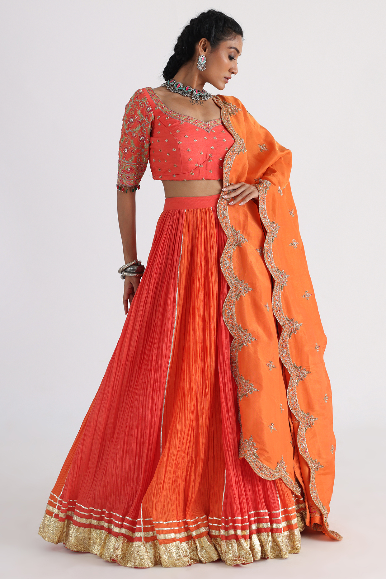 Orange Crusted Cotton & Mulmul Wedding Lehenga Set by Smriti by Anju Agarwal at Pernia's Pop Up Shop