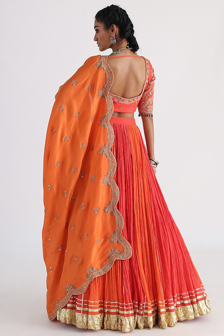 Orange Crusted Cotton & Mulmul Wedding Lehenga Set by Smriti by Anju Agarwal at Pernia's Pop Up Shop