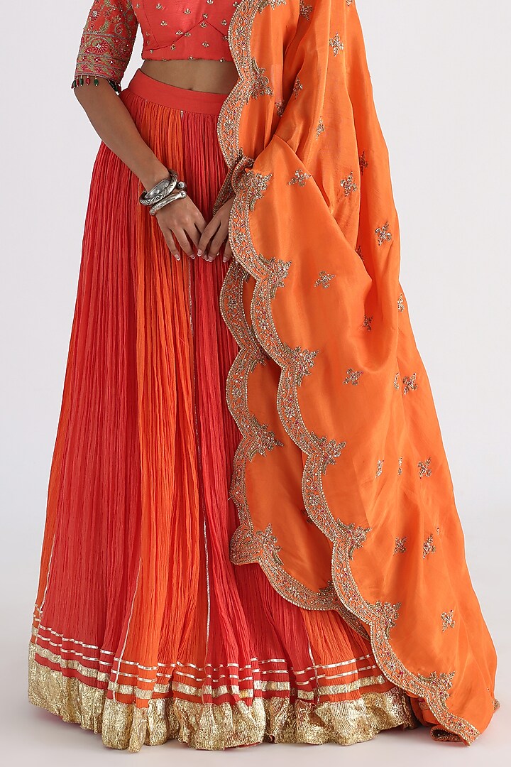 Orange Crusted Cotton & Mulmul Wedding Lehenga Set by Smriti by Anju Agarwal at Pernia's Pop Up Shop