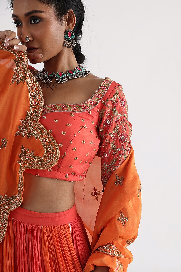 Orange Crusted Cotton & Mulmul Wedding Lehenga Set by Smriti by Anju Agarwal at Pernia's Pop Up Shop