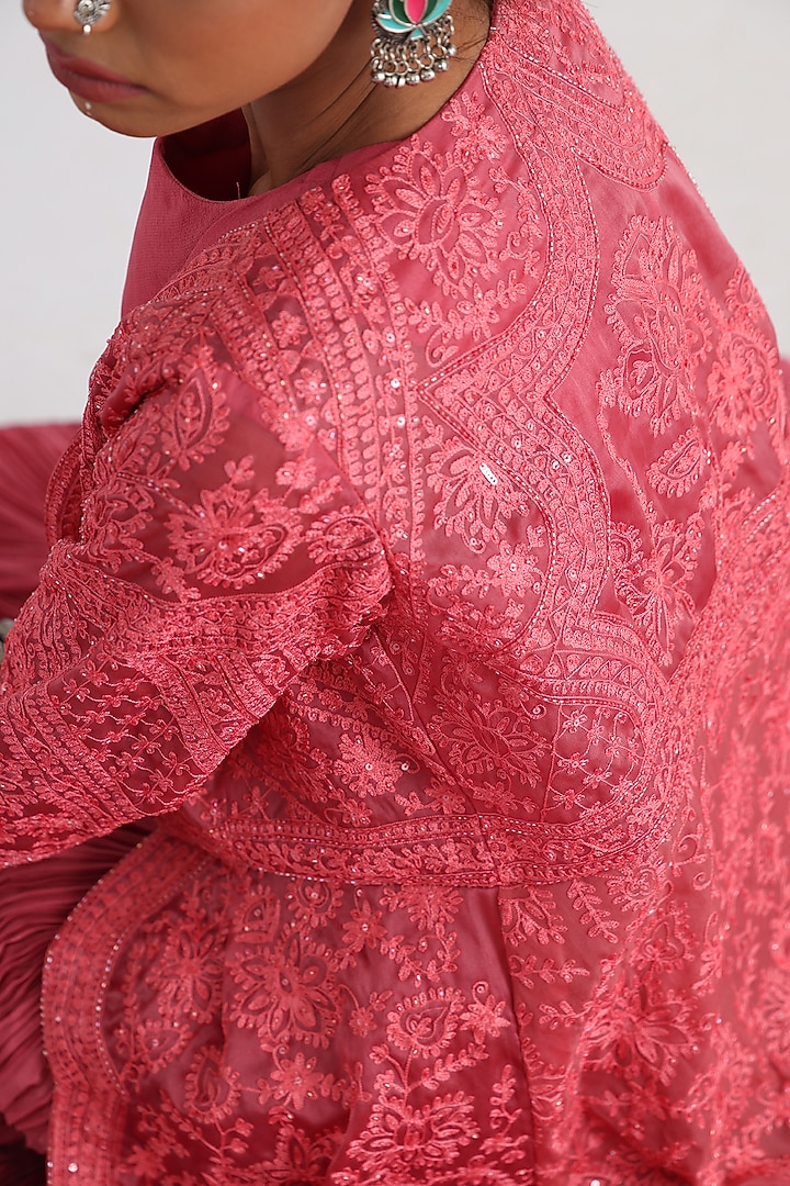 Pink Chinon & Mulmul Embroidered Jacket Wedding Lehenga Set by Smriti by Anju Agarwal at Pernia's Pop Up Shop