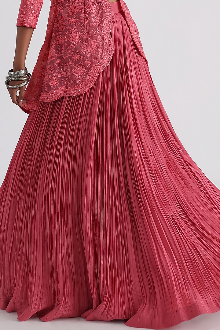 Pink Chinon & Mulmul Embroidered Jacket Wedding Lehenga Set by Smriti by Anju Agarwal at Pernia's Pop Up Shop