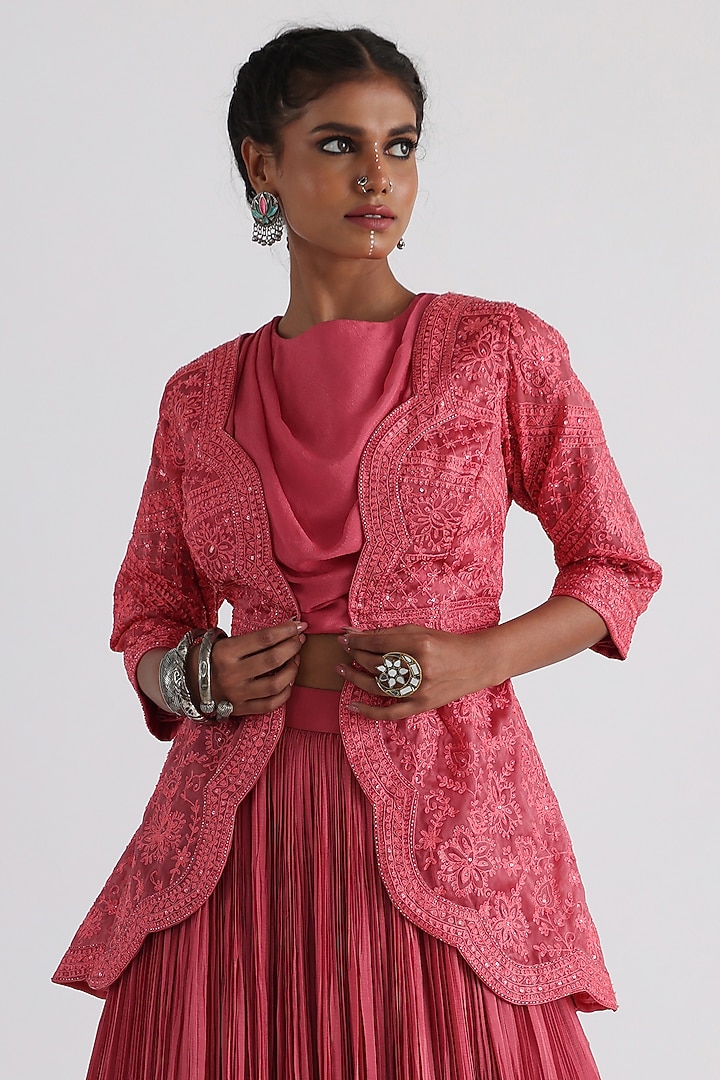 Pink Chinon & Mulmul Embroidered Jacket Wedding Lehenga Set by Smriti by Anju Agarwal at Pernia's Pop Up Shop