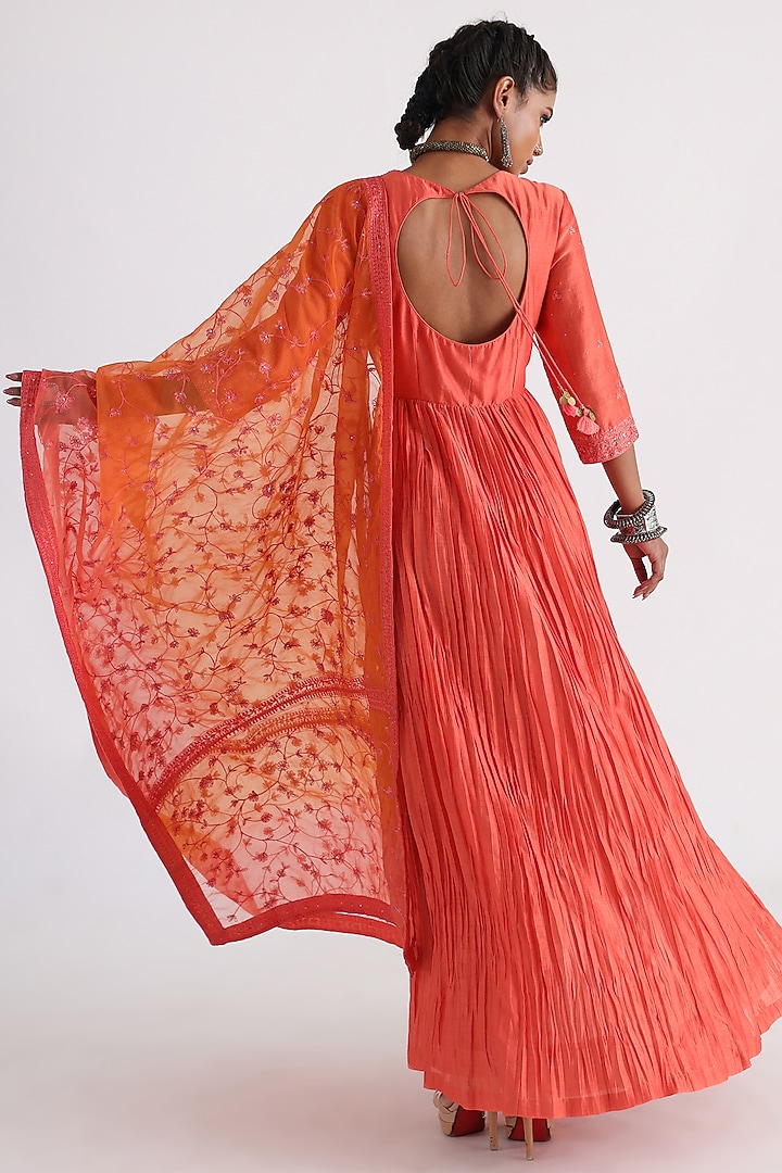 Orange Chanderi & Mulmul Angrakha Set by Smriti by Anju Agarwal at Pernia's Pop Up Shop