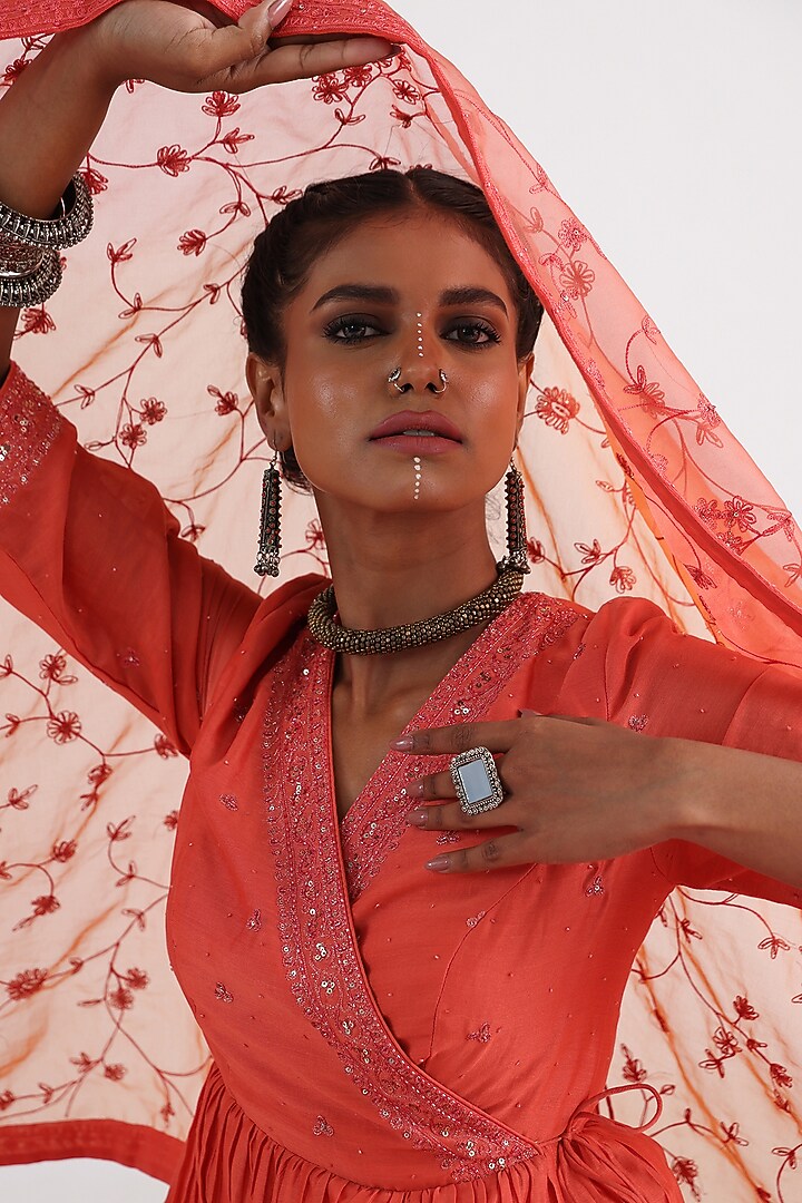 Orange Chanderi & Mulmul Angrakha Set by Smriti by Anju Agarwal at Pernia's Pop Up Shop