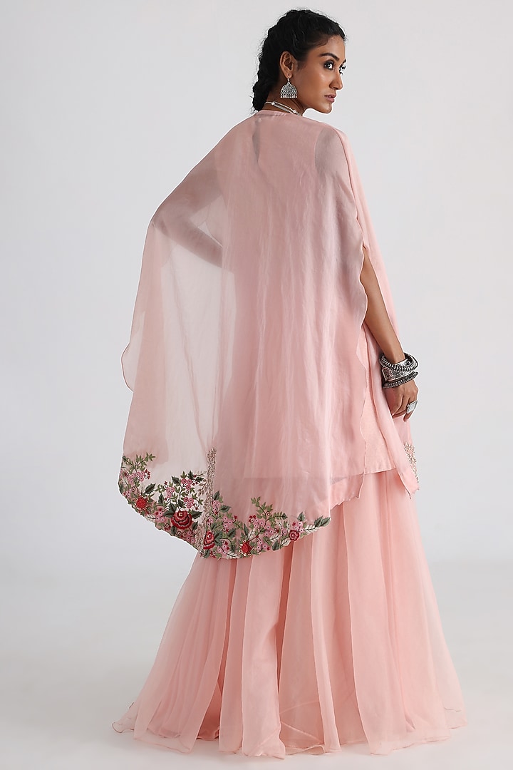 Pastel Pink Satin Organza Embroidered Cape Set by Smriti by Anju Agarwal at Pernia's Pop Up Shop