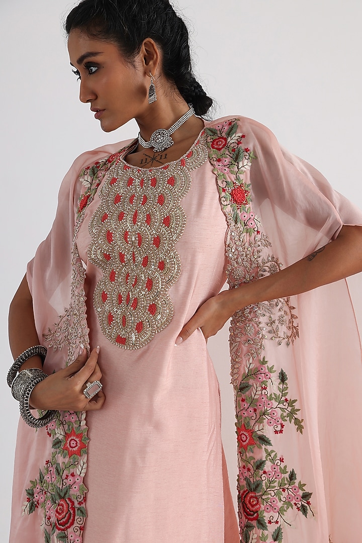 Pastel Pink Satin Organza Embroidered Cape Set by Smriti by Anju Agarwal at Pernia's Pop Up Shop