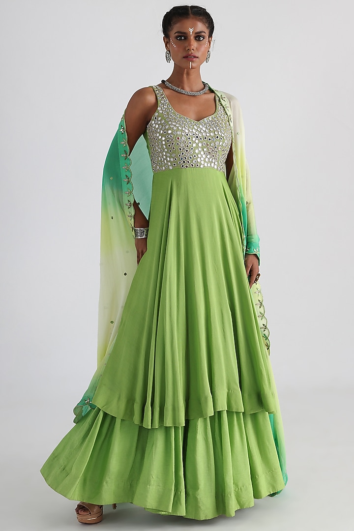 Green Silk Muslin & Bam Silk Embroidered Wedding Anarkali Set by Smriti by Anju Agarwal at Pernia's Pop Up Shop