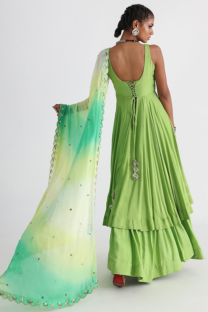 Green Silk Muslin & Bam Silk Embroidered Wedding Anarkali Set by Smriti by Anju Agarwal at Pernia's Pop Up Shop