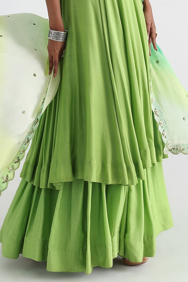 Green Silk Muslin & Bam Silk Embroidered Wedding Anarkali Set by Smriti by Anju Agarwal at Pernia's Pop Up Shop