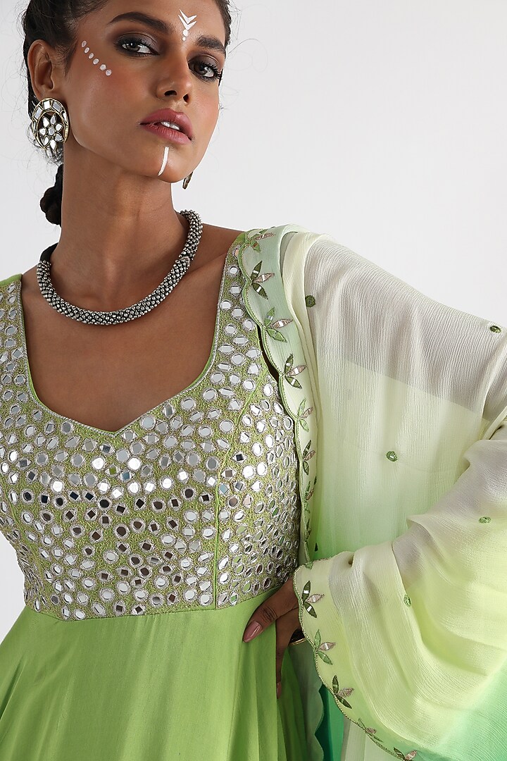 Green Silk Muslin & Bam Silk Embroidered Wedding Anarkali Set by Smriti by Anju Agarwal at Pernia's Pop Up Shop