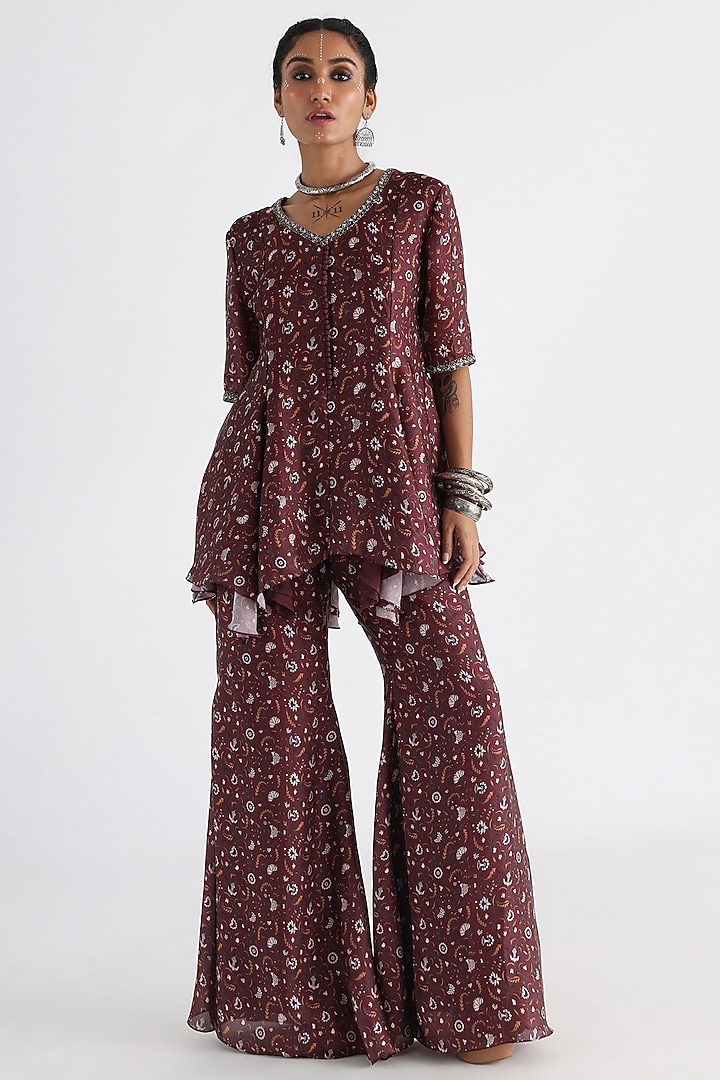 Brown Georgette Satin & Taffeta Printed Co-Ord Set by Smriti by Anju Agarwal at Pernia's Pop Up Shop